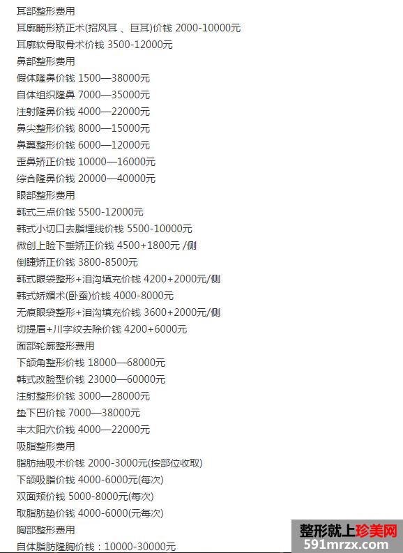 齐齐哈尔千百度整形医院2017价格表新版